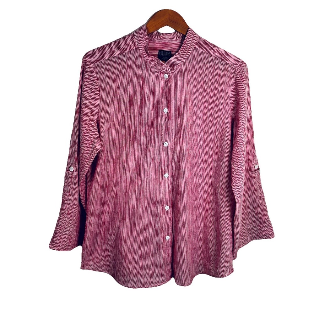 Chicos 3 Additions Sz XL Red White Striped‎ Seersucker Cotton Roll Tab Shirt